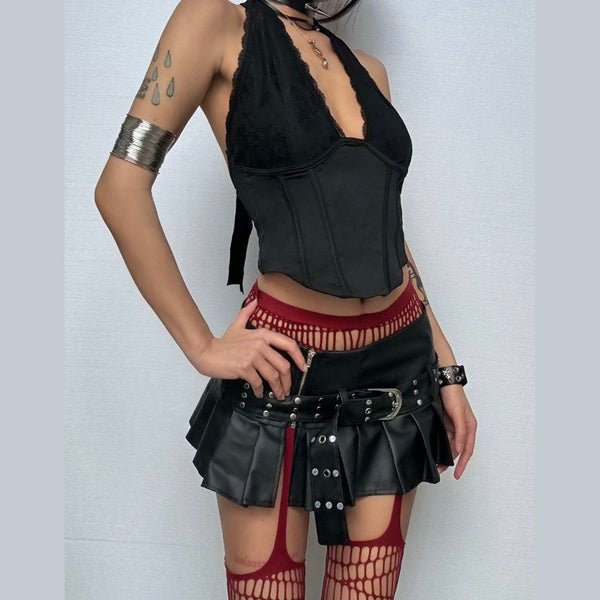 Haut corset à col en V profond avec ourlet en dentelle à nouer soi-même 