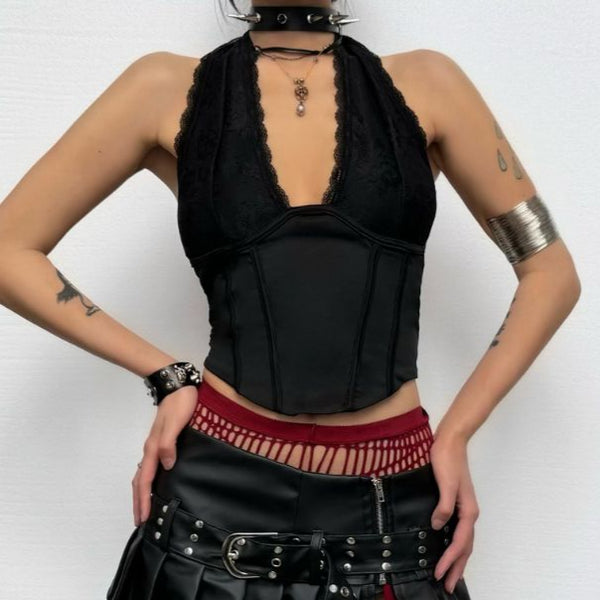 Haut corset à col en V profond avec ourlet en dentelle à nouer soi-même 