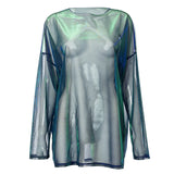 Top de cuello redondo en contraste con malla transparente y manga larga 