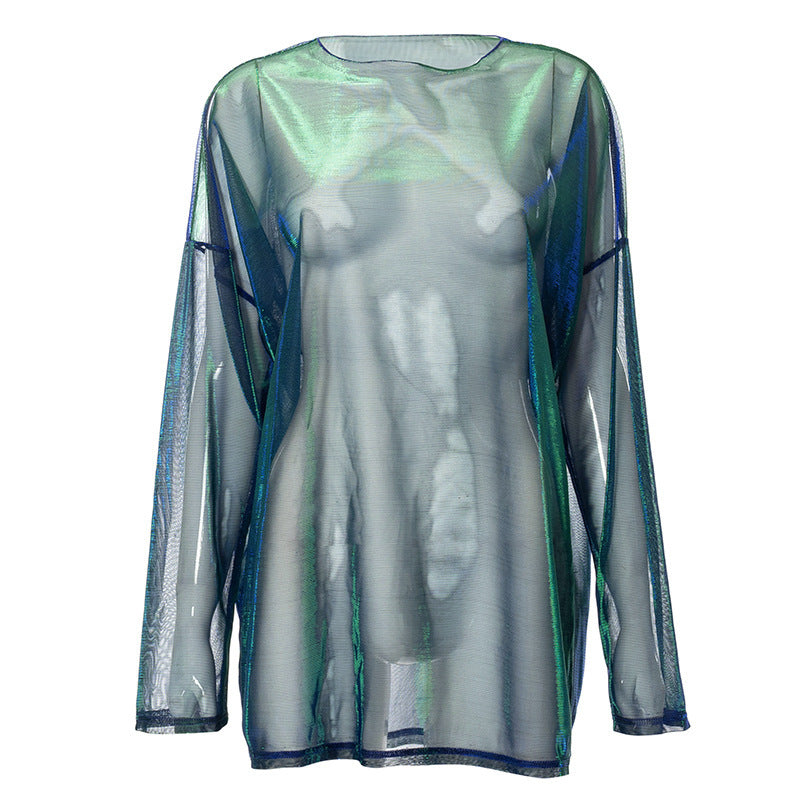 Top de cuello redondo en contraste con malla transparente y manga larga 