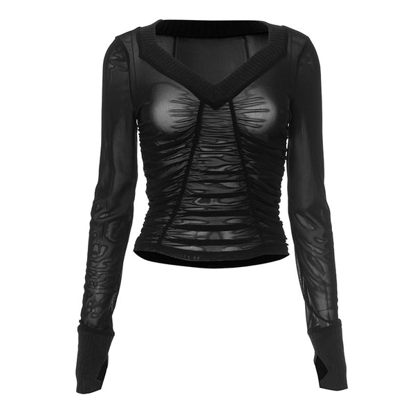 Top con cuello en V y mangas largas de malla fruncida 