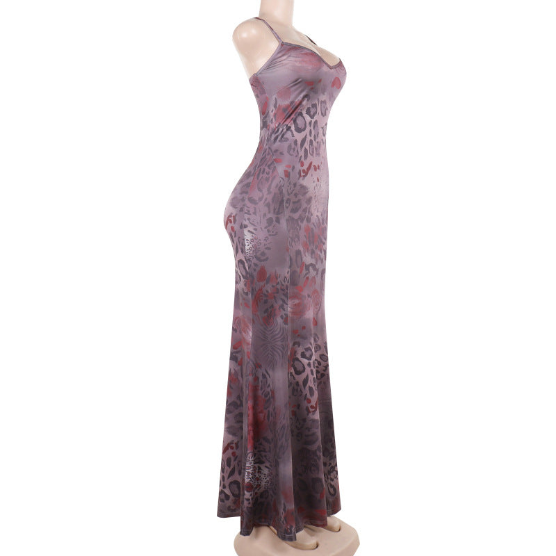 Leopard print v neck backless cami maxi dress