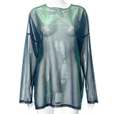 Top de cuello redondo en contraste con malla transparente y manga larga 