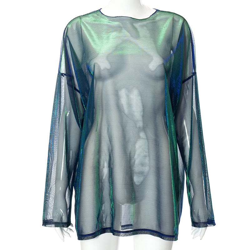 Top de cuello redondo en contraste con malla transparente y manga larga 