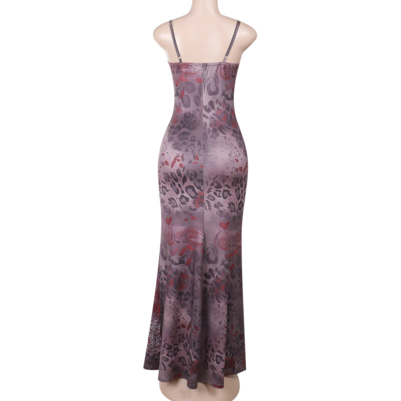 Leopard print v neck backless cami maxi dress