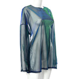 Top de cuello redondo en contraste con malla transparente y manga larga 