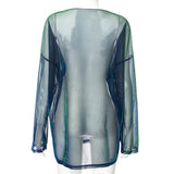 Top de cuello redondo en contraste con malla transparente y manga larga 