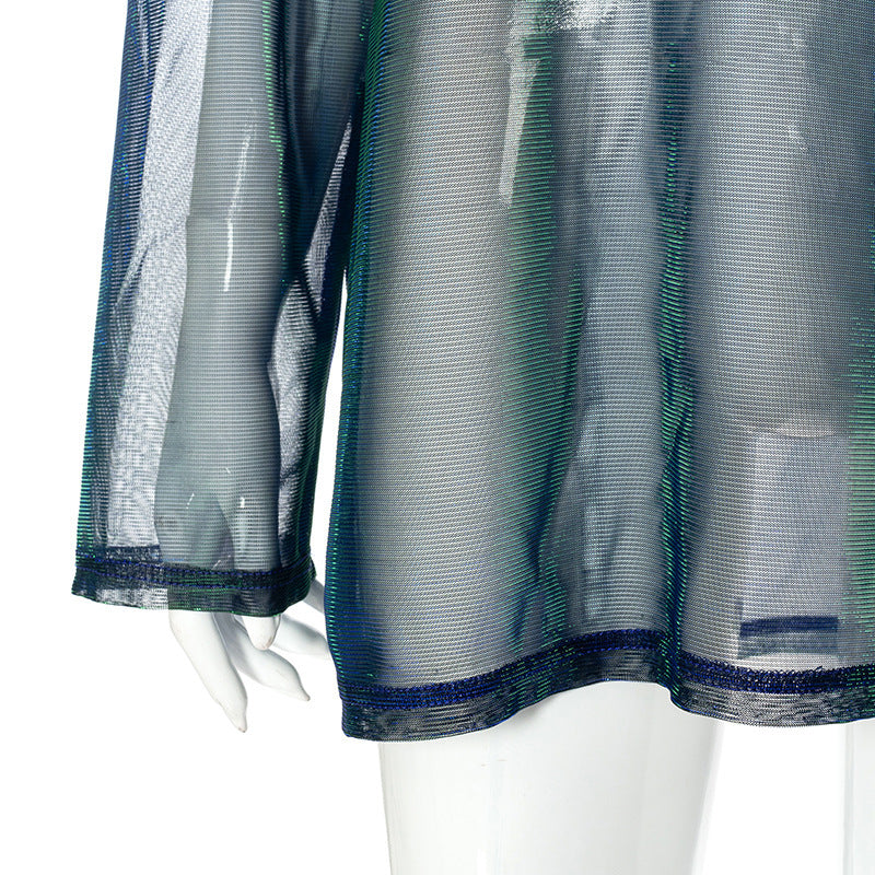 Top de cuello redondo en contraste con malla transparente y manga larga 