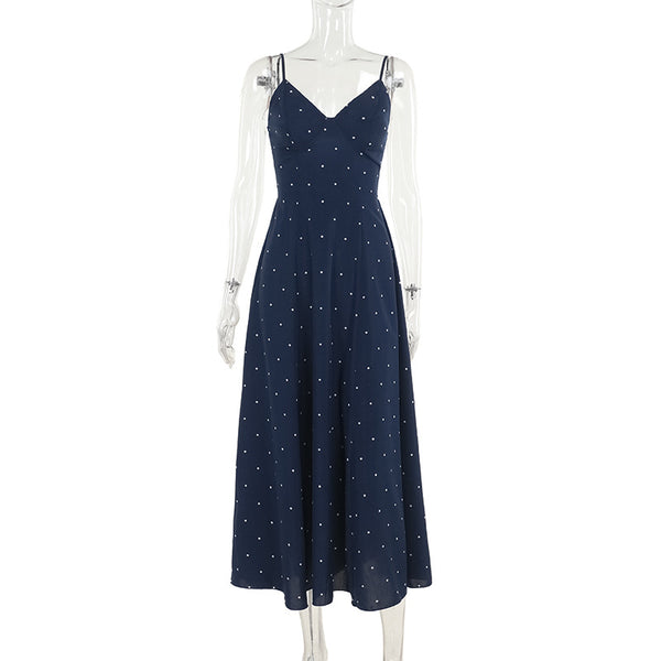 Robe midi à pois, col en V, smockée et contrastée 