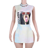 Hollow out high neck letter avatar pattern mini dress