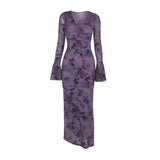 Long flared sleeve v neck ruched print maxi dress