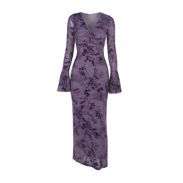 Long flared sleeve v neck ruched print maxi dress