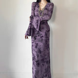 Long flared sleeve v neck ruched print maxi dress