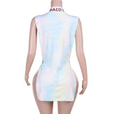 Hollow out high neck letter avatar pattern mini dress