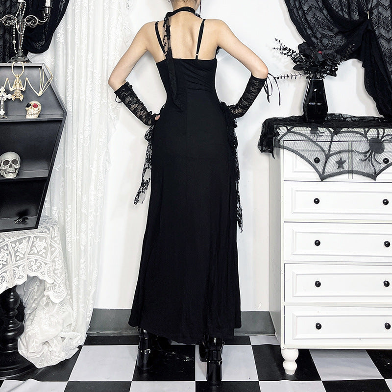 Lace slit v neck ruched backless cami maxi dress
