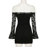Long flared sleeve lace off shoulder solid mini dress