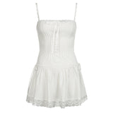 Square neck lace hem button zip-up cami mini dress