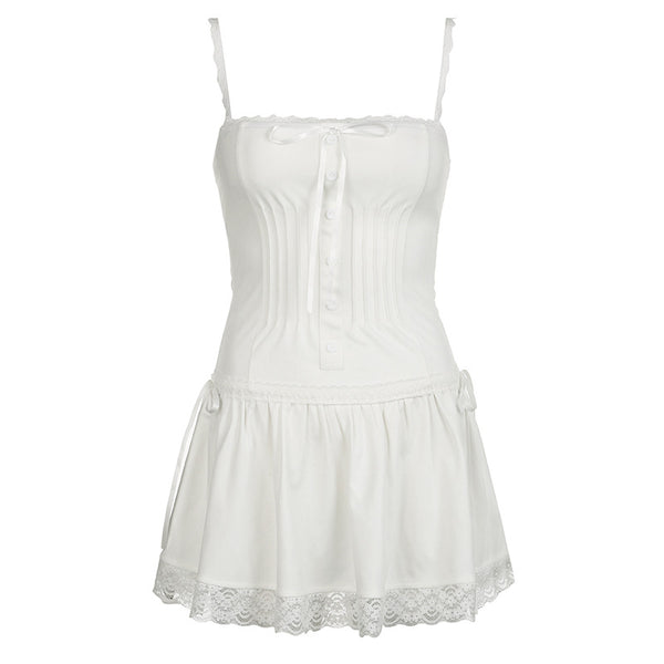 Square neck lace hem button zip-up cami mini dress