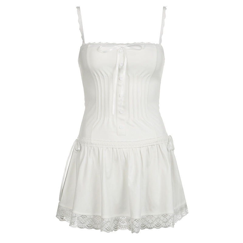 Square neck lace hem button zip-up cami mini dress