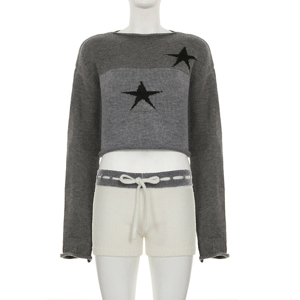 Long sleeve crewneck five-pointed star pattern top