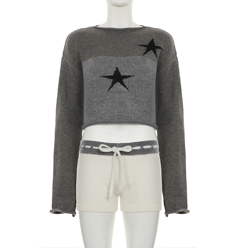 Long sleeve crewneck five-pointed star pattern top