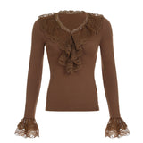 Long flared sleeve lace hem v neck ruffle top