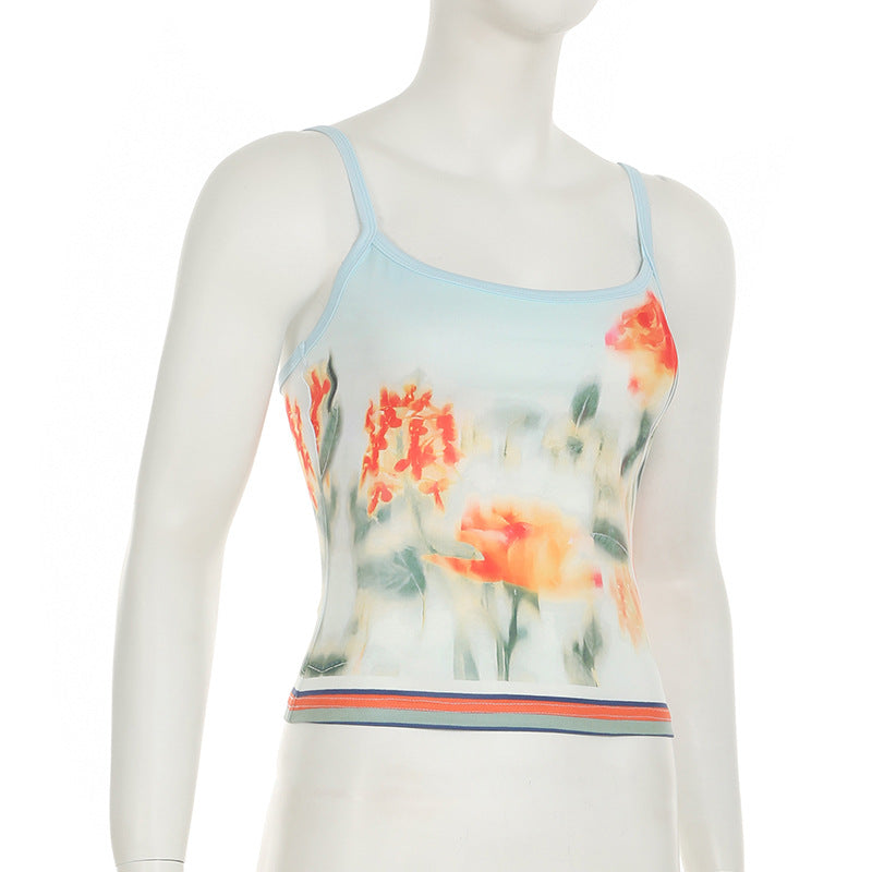 Haut camisole contrasté à col en U et imprimé floral dans le dos 