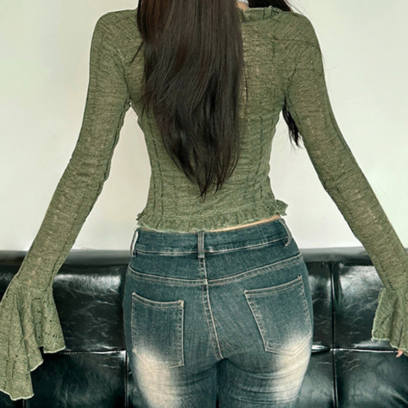 Long flared sleeve lace hem v neck ruffle top