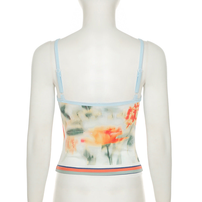 Haut camisole contrasté à col en U et imprimé floral dans le dos 