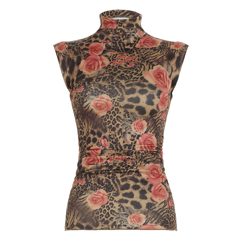 High neck flower print ruched contrast top