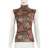 High neck flower print ruched contrast top