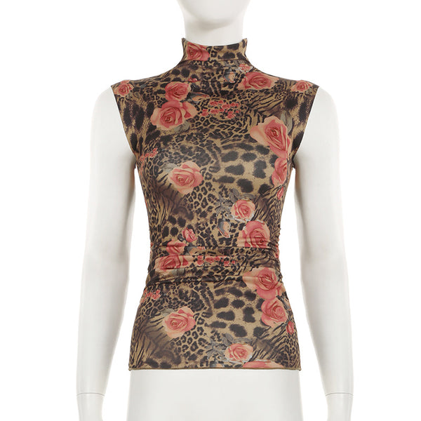 High neck flower print ruched contrast top