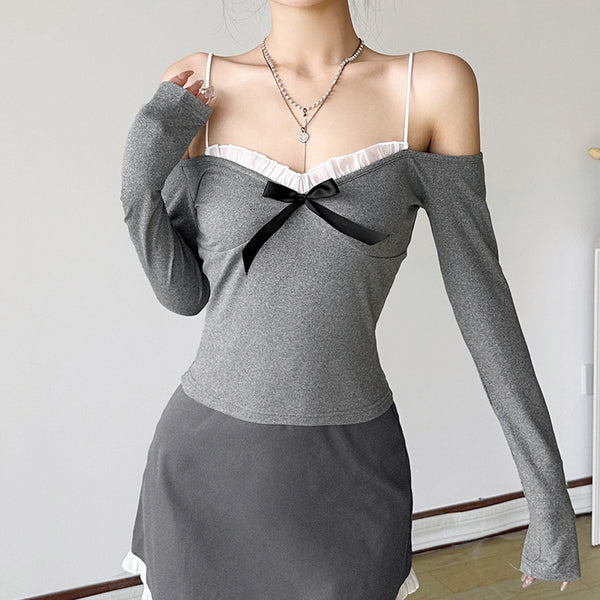 Ruffle bowknot long sleeve spaghetti strap top