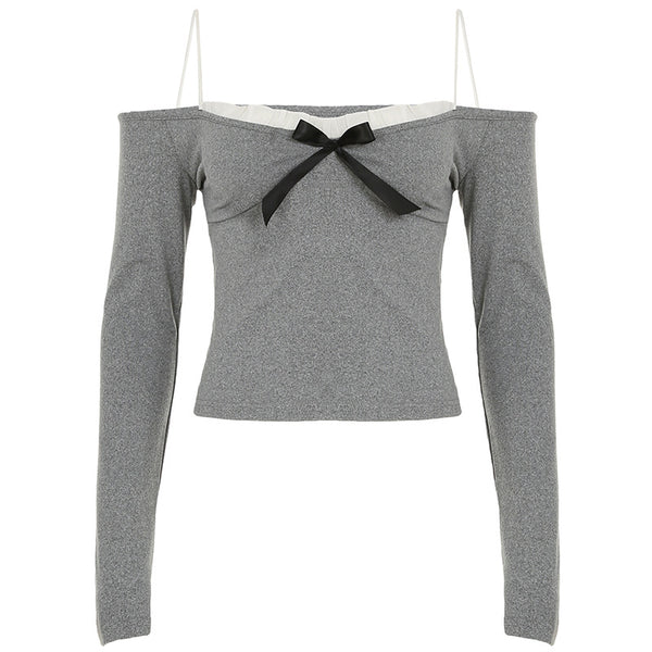 Ruffle bowknot long sleeve spaghetti strap top