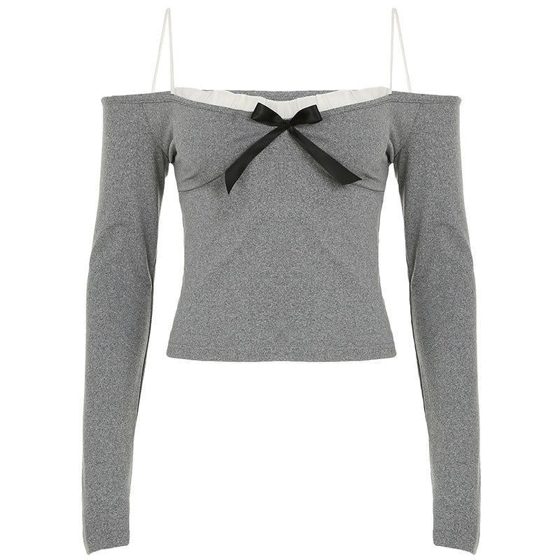 Ruffle bowknot long sleeve spaghetti strap top
