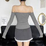 Ruffle bowknot long sleeve spaghetti strap top