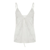 Self tie lace hem satin deep V neck cami top