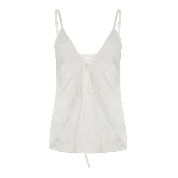 Self tie lace hem satin deep V neck cami top