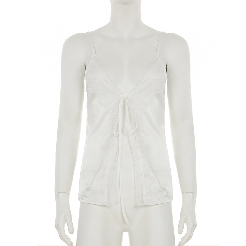 Self tie lace hem satin deep V neck cami top