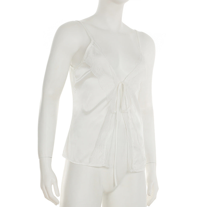 Self tie lace hem satin deep V neck cami top
