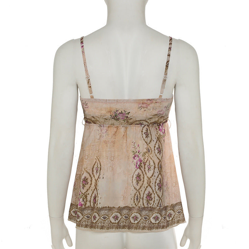 Ruched u neck ruffle print self tie cami top