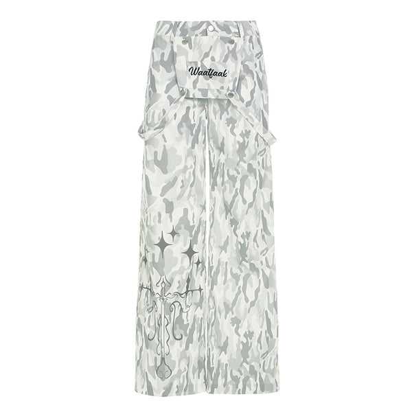 Button zip-up camouflage pocket straight leg pant