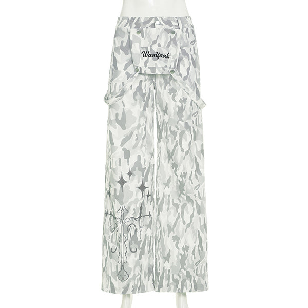Button zip-up camouflage pocket straight leg pant