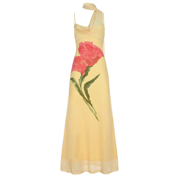 Vestido largo con estampado floral y cuello halter de malla irregular 