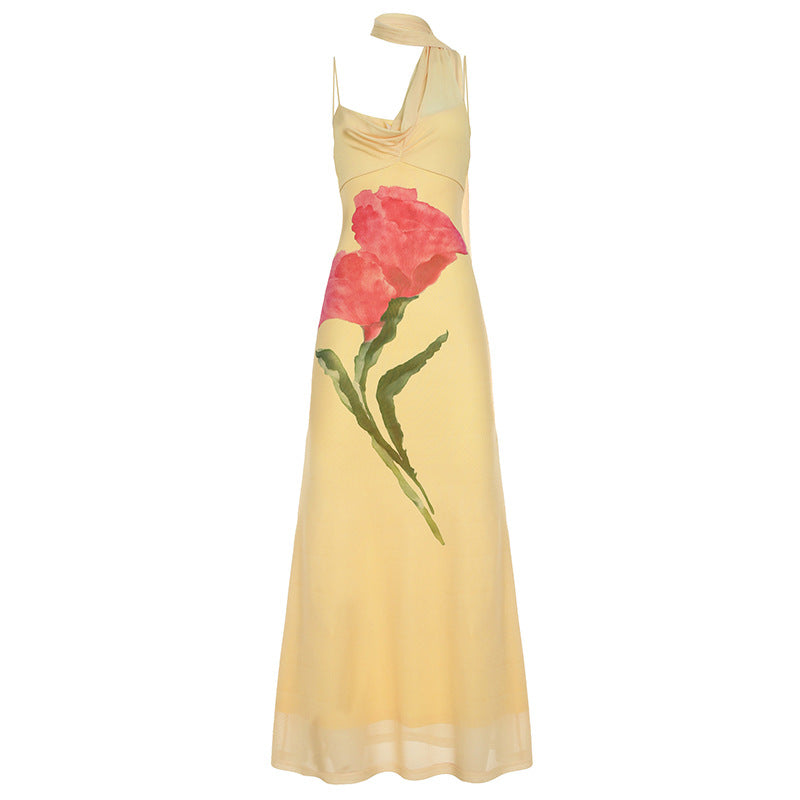 Vestido largo con estampado floral y cuello halter de malla irregular 
