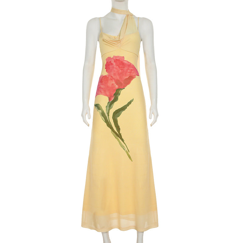 Vestido largo con estampado floral y cuello halter de malla irregular 