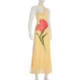 Vestido largo con estampado floral y cuello halter de malla irregular 