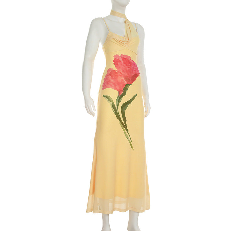 Vestido largo con estampado floral y cuello halter de malla irregular 