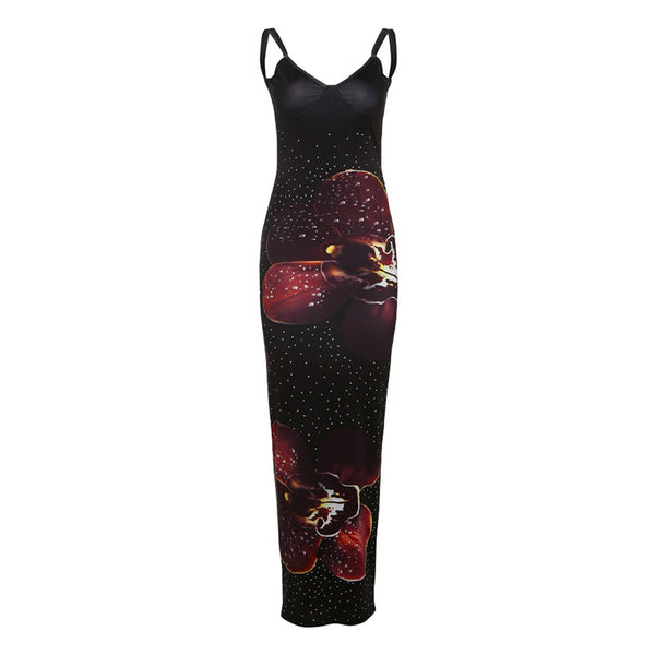 Vestido largo camisola con estampado floral de lunares y cuello en V fruncido 