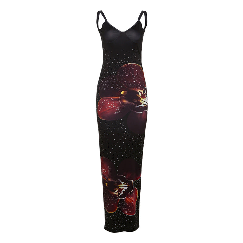 Robe longue camisole à imprimé fleuri et à pois froncés à col en V 